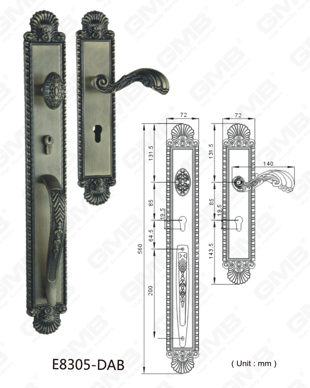 High Security Zinklegering Buiten Villa Deurklink Deur Entree Dummy Twee-open Deur (E8305-DAB)